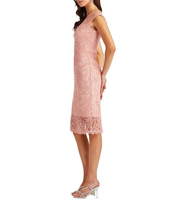 Tadashi Shoji V-Neck Sleeveless Corded Lace Illusion Hem Sheath Dress Product Image