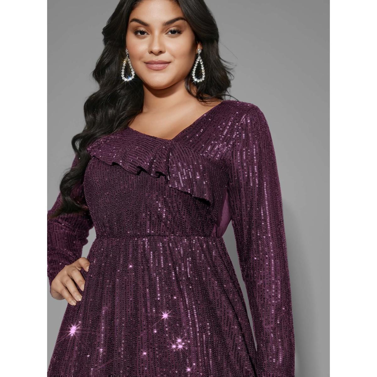 Plus Size Sequin Mesh Asymmetrical Neck Midi Dress Deeppurplered Women Party&Cocktail Texture Party Curvy Bloomchic 10/M Product Image