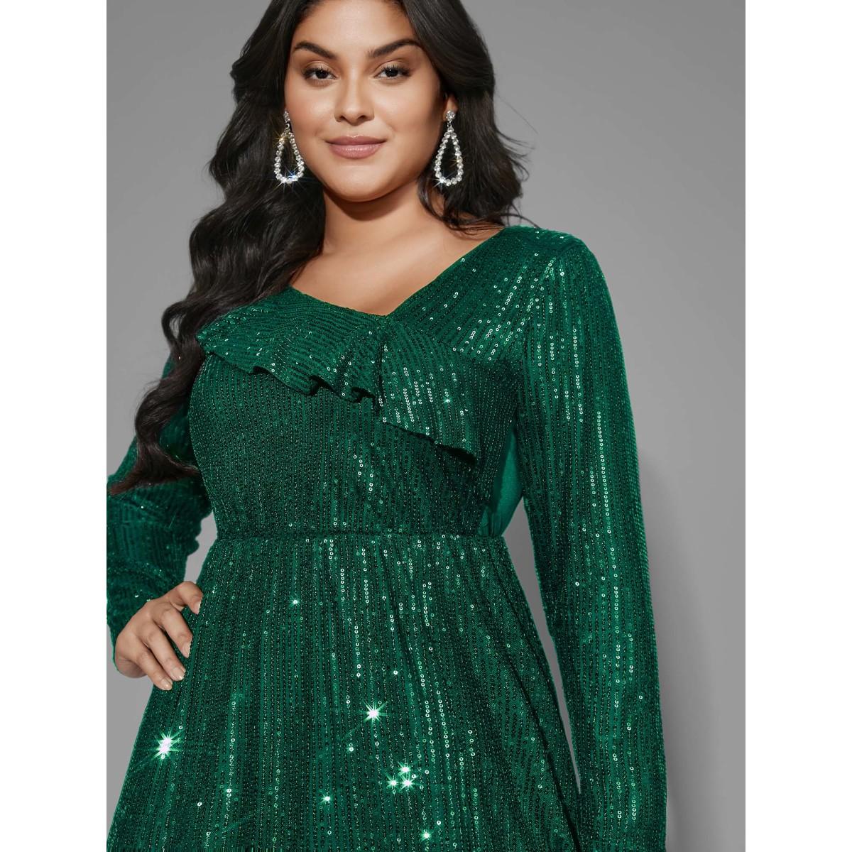 Plus Size Sequin Mesh Asymmetrical Neck Midi Dress DarkGreen Women Party&Cocktail Texture Party Curvy Bloomchic 28/5X Product Image