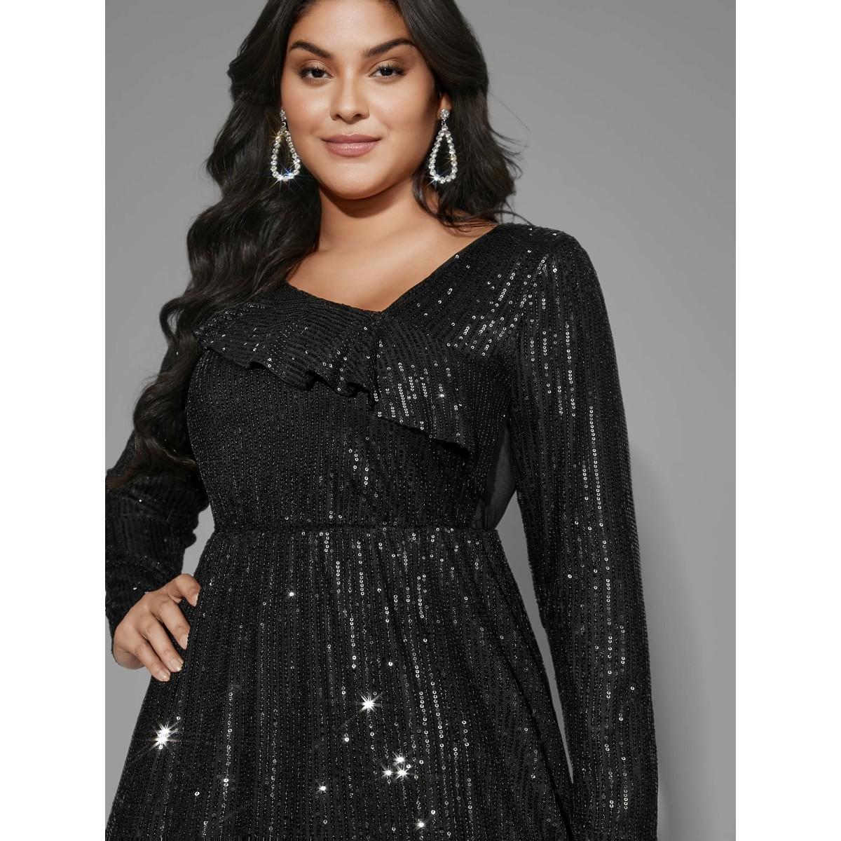 Plus Size Sequin Mesh Asymmetrical Neck Midi Dress Black Women Party&Cocktail Texture Party Curvy Bloomchic 14-16/1X Product Image