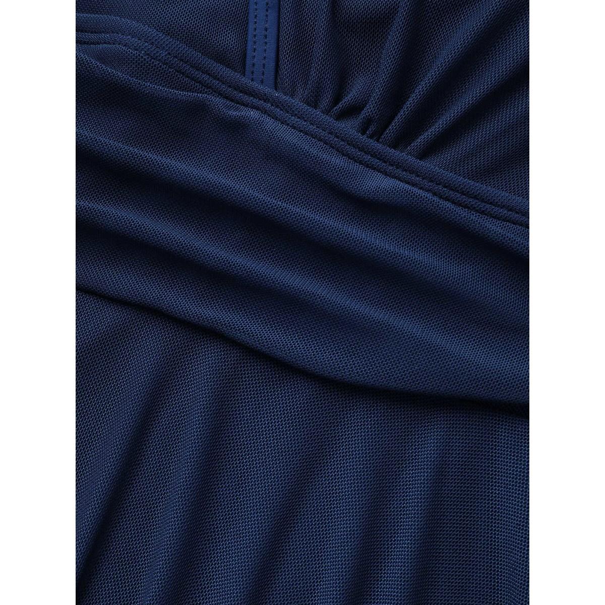 Plus Size Long Sleeve Mesh Ruffle Hem Swim Dress Women's Swimwear Mediumblue Beach Bodycon Overlap Collar High stretch Curve Swim Dresses BloomChic 28/5X Product Image