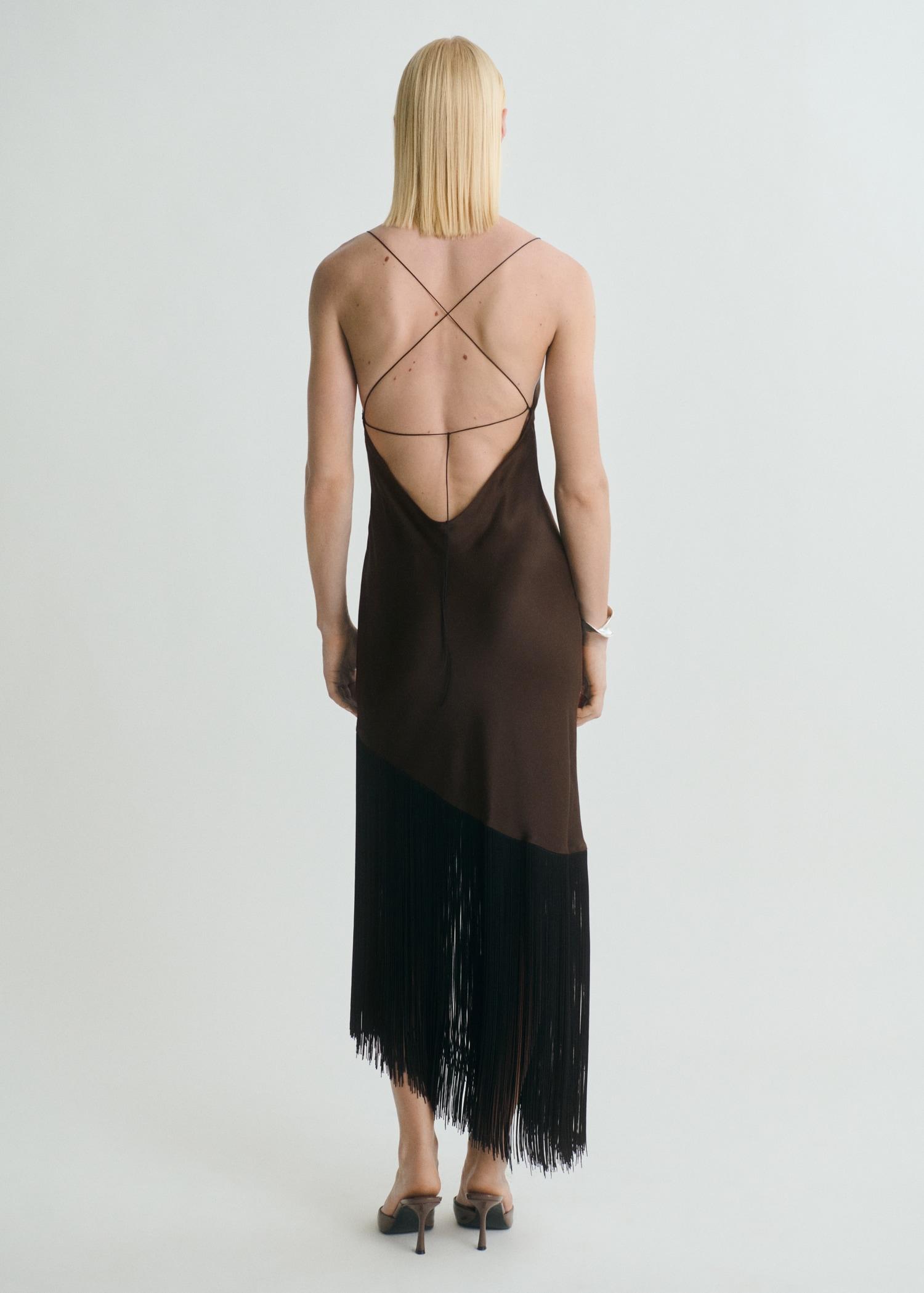 Asymmetrical satin dress with fringes - Women | MANGO USA Product Image