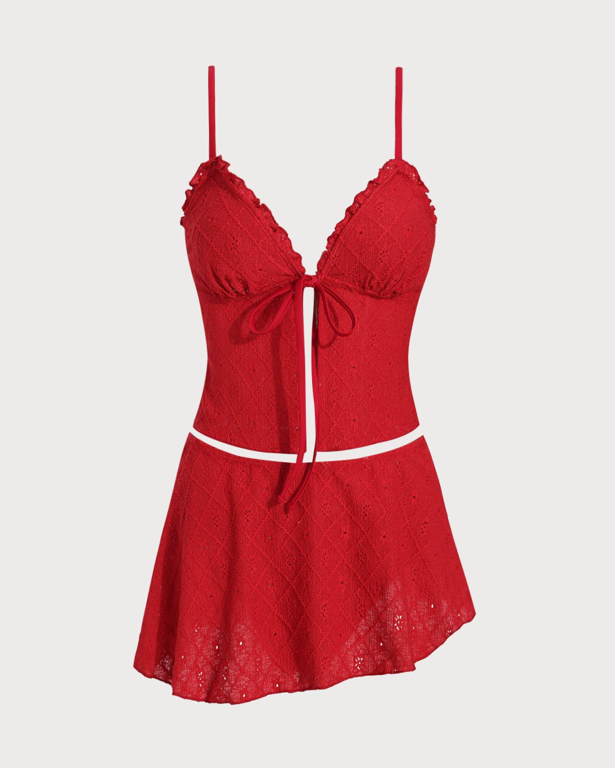 Red Front Tie Tankini Three-Piece Tankini Set Product Image