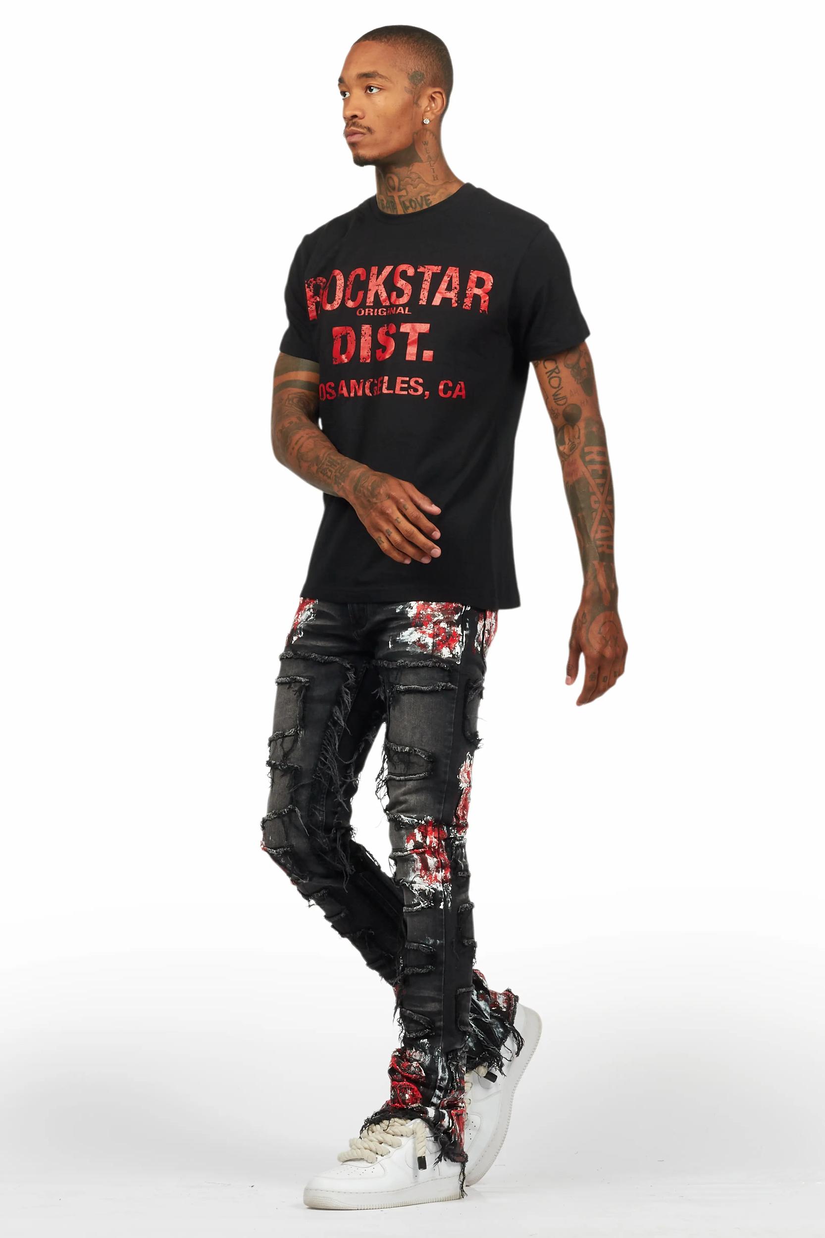 Saxon Dark Grey/Red T-Shirt/Stacked Flare Jean Set Male Product Image