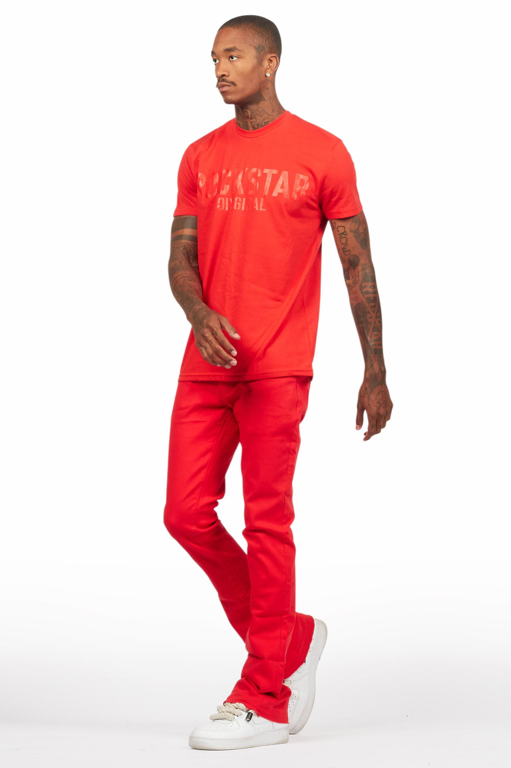 Sana Red T-Shirt/Dag Stacked Flare Jean Set Male Product Image