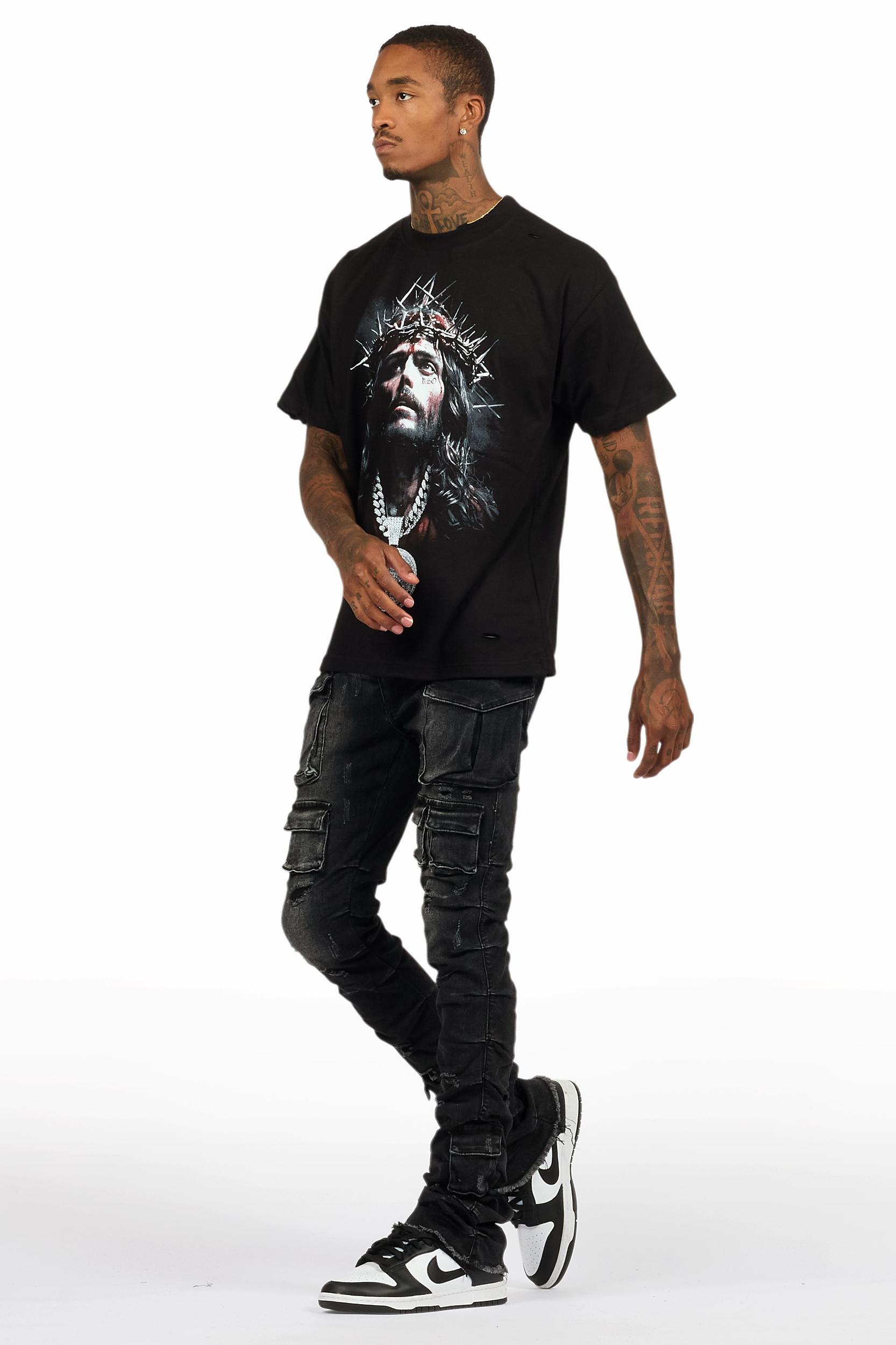 Amina Black Washed T-Shirt Stacked Flare Jean Set Male Product Image