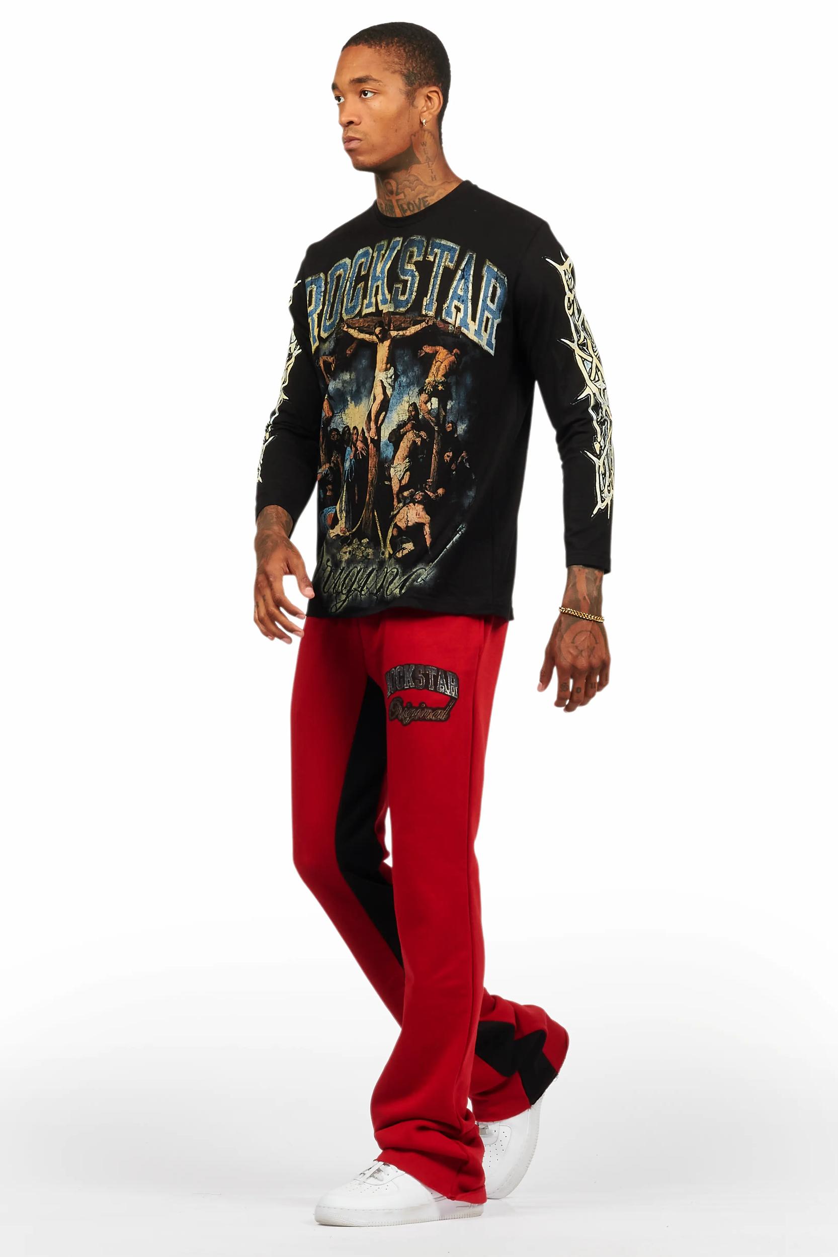 Waller Black/Burgundy Long Sleeve T-Shirt/Baggy Pant Set Male Product Image