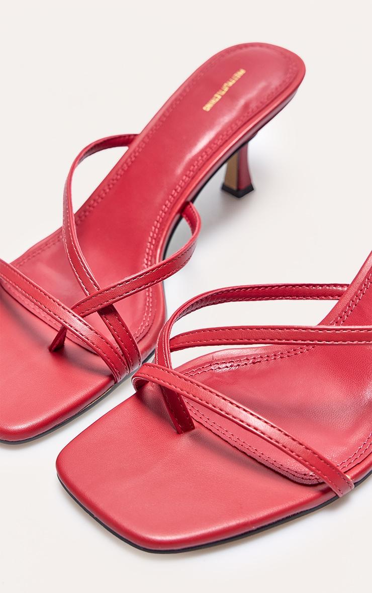 Red Pu Square Toe Strappy Toe Thong Mid Stiletto Heeled Mules Product Image