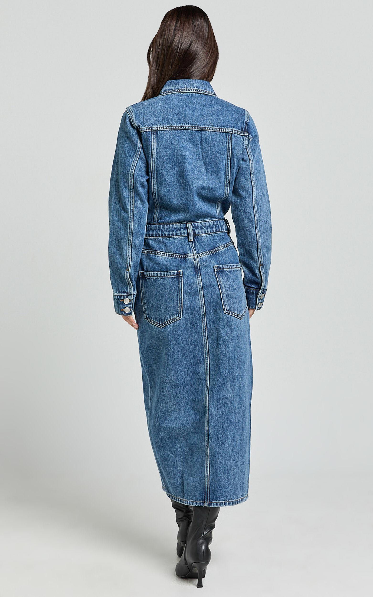 Alison Midi Dress - Long Sleeve Front Split Denim Dress in Mid Blue Wash Product Image