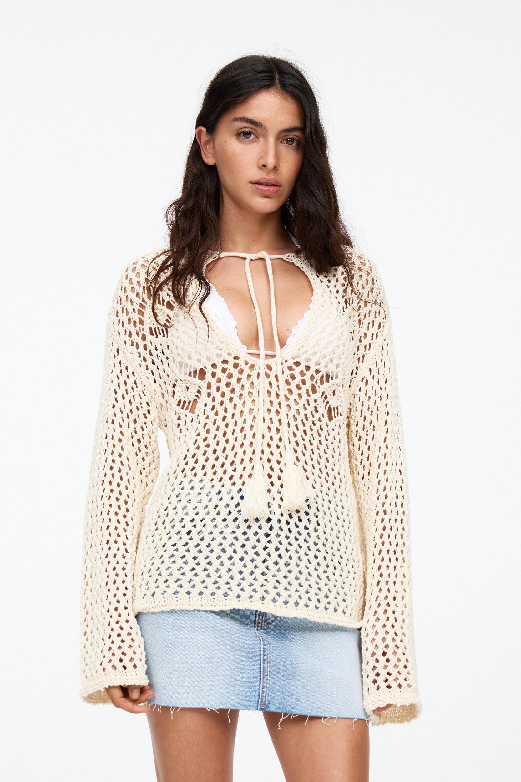 Crochet sweater with drawstring Product Image