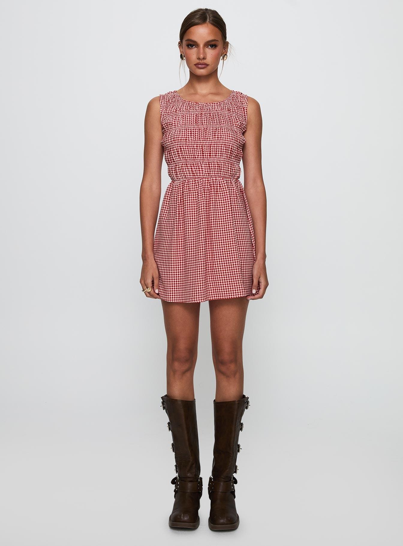 Winxie Shirred Mini Dress Red Gingham Product Image