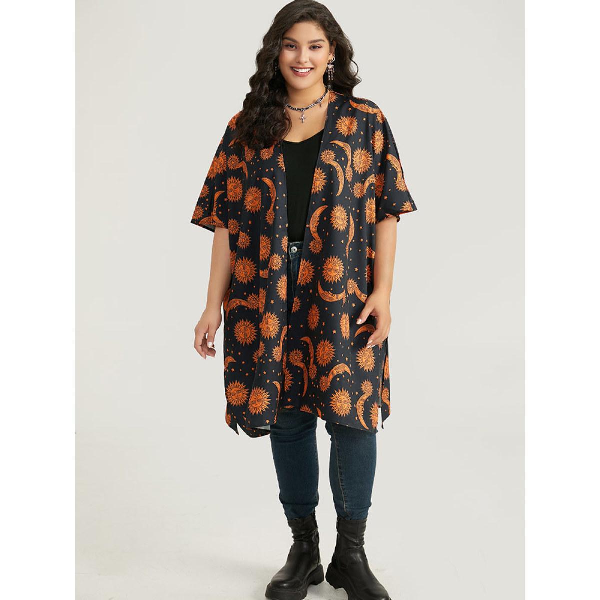 Plus Size Halloween Moon & Star Print Open Front Split Hem Kimono Women DarkBlue Casual Printed Dailywear Kimonos BloomChic 10/M Product Image