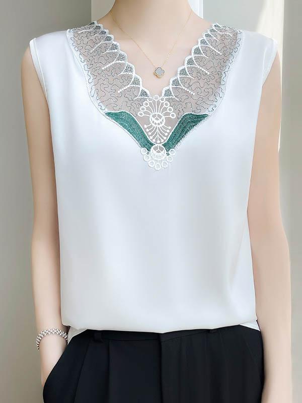 Loose Sleeveless Embroidered Mesh Split-Joint V-Neck Vest Top Product Image