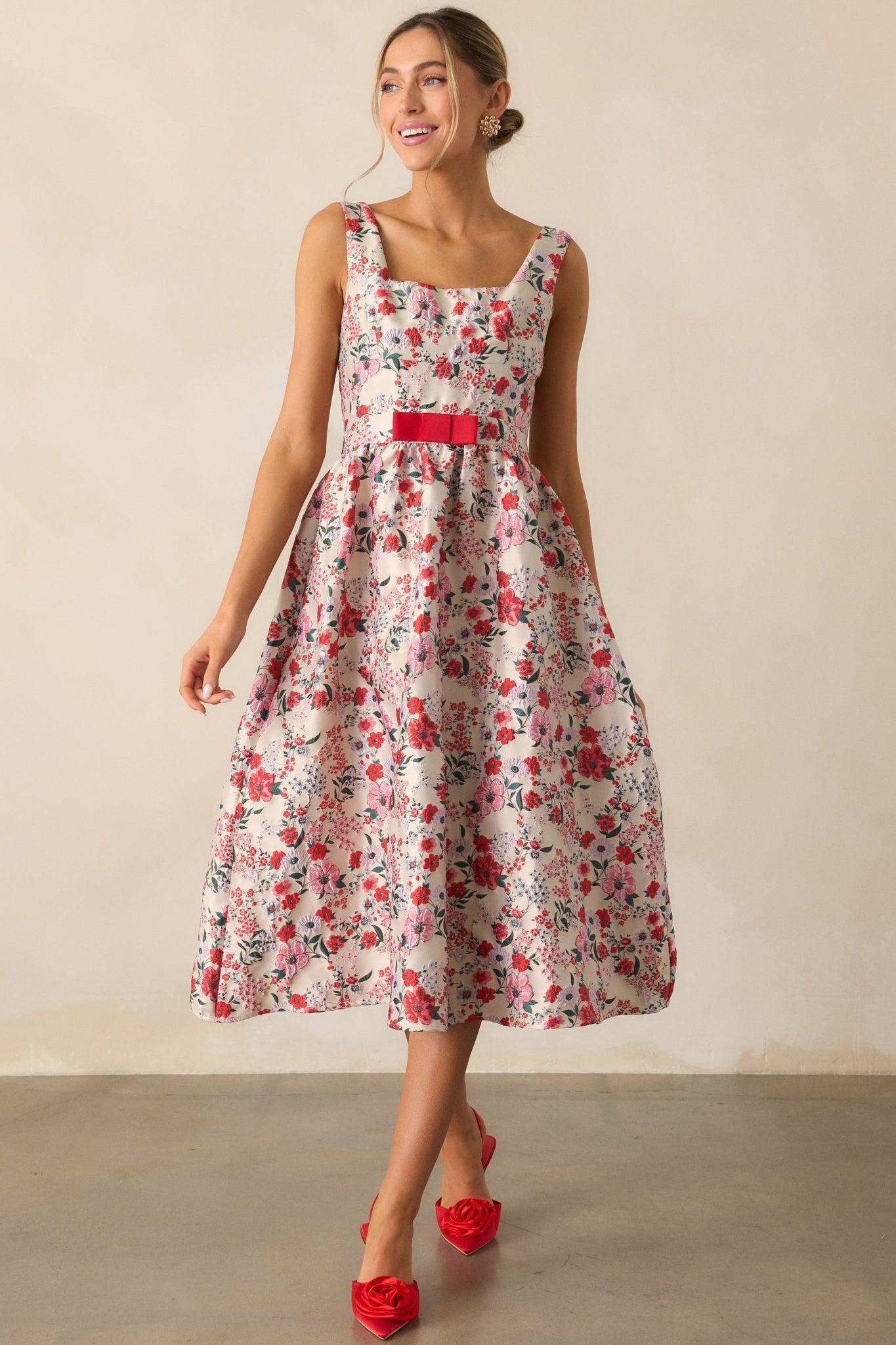 Sunlit Mornings Red Floral Jacquard Midi Dress Product Image