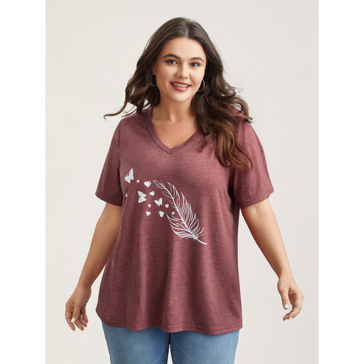 Plus Size Feather Print V-Neck Fitted T-Shirt Scarlet Women Leisure Non Butterfly V-neck Casual T-shirts BloomChic 12/L Product Image