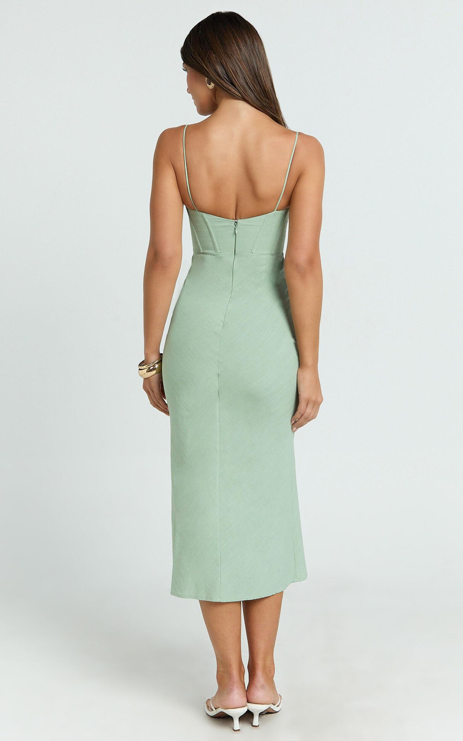 Mikayla Midi Dress - Linen Scoop Neck Ruched Bust Corset Waist Bias Skirt Dress in Sage Product Image