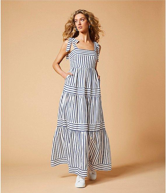 A Loves A Stripe Print Square Neck Tie Strap Tiered A-Line Flounce Maxi Dress Product Image
