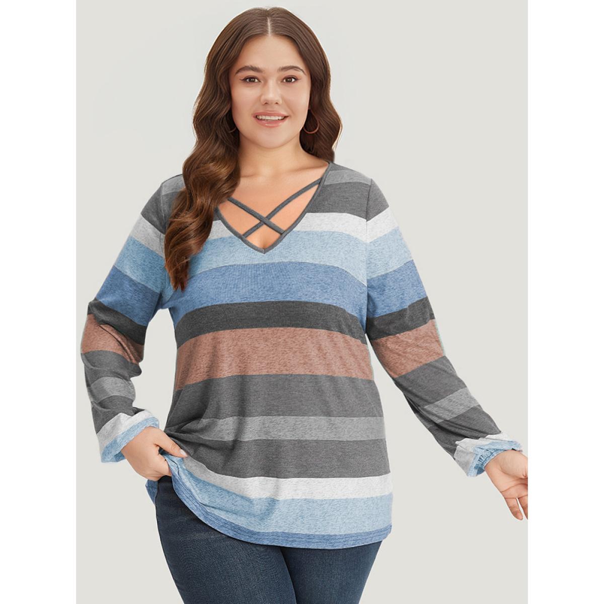 Plus Size Colour Striped Contrast Crisscross Lantern Sleeve T-shirt Blue Women Casual Elastic cuffs Striped V-neck Dailywear T-shirts BloomChic 12/L Product Image
