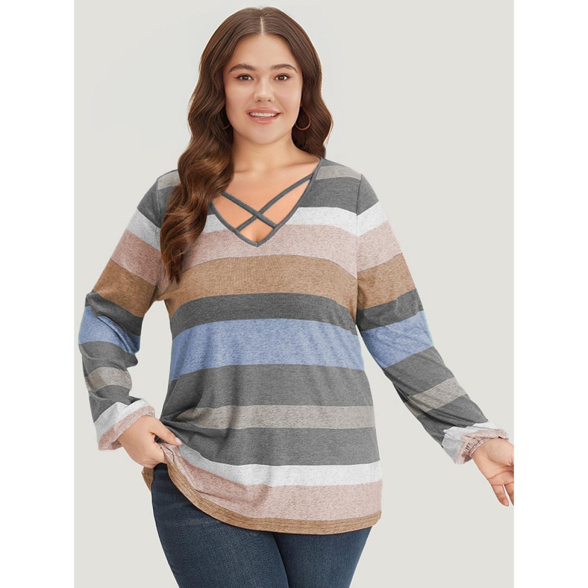Plus Size Colour Striped Contrast Crisscross Lantern Sleeve T-shirt LightBrown Women Casual Elastic cuffs Striped V-neck Dailywear T-shirts BloomChic 28/5X Product Image