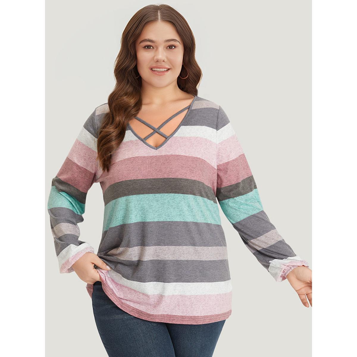 Plus Size Colour Striped Contrast Crisscross Lantern Sleeve T-shirt Multicolor Women Casual Elastic cuffs Striped V-neck Dailywear T-shirts BloomChic 18-20/2X Product Image