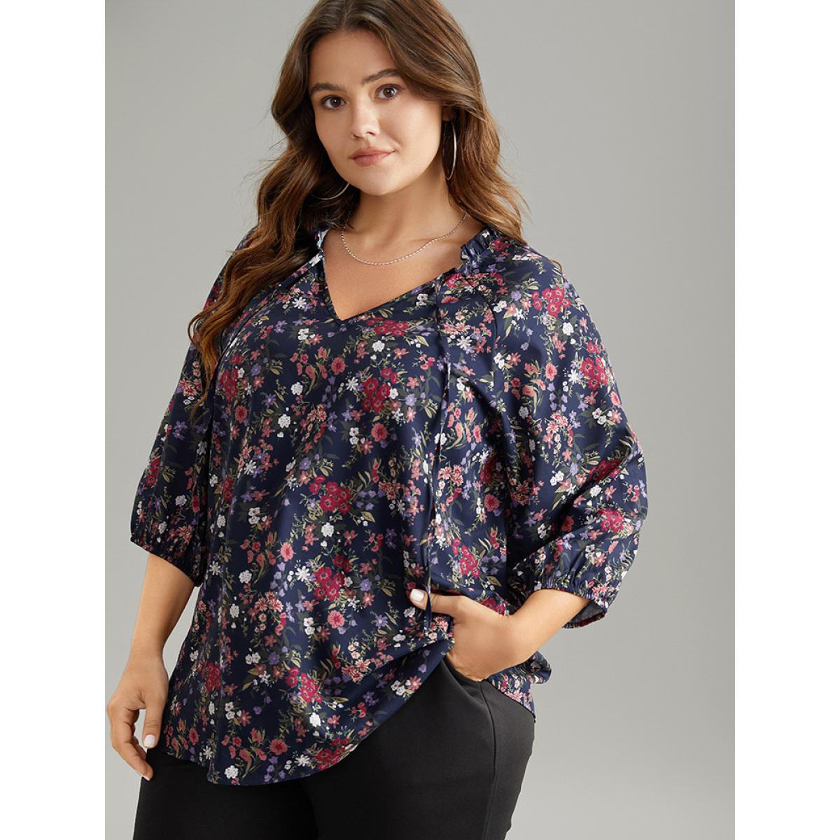 Plus Size Indigo Ditsy Floral Tie Neck Elastic Cuffs Blouse Women Elegant Elbow-length sleeve Tie Neck Dailywear Blouses BloomChic 30/6X Product Image