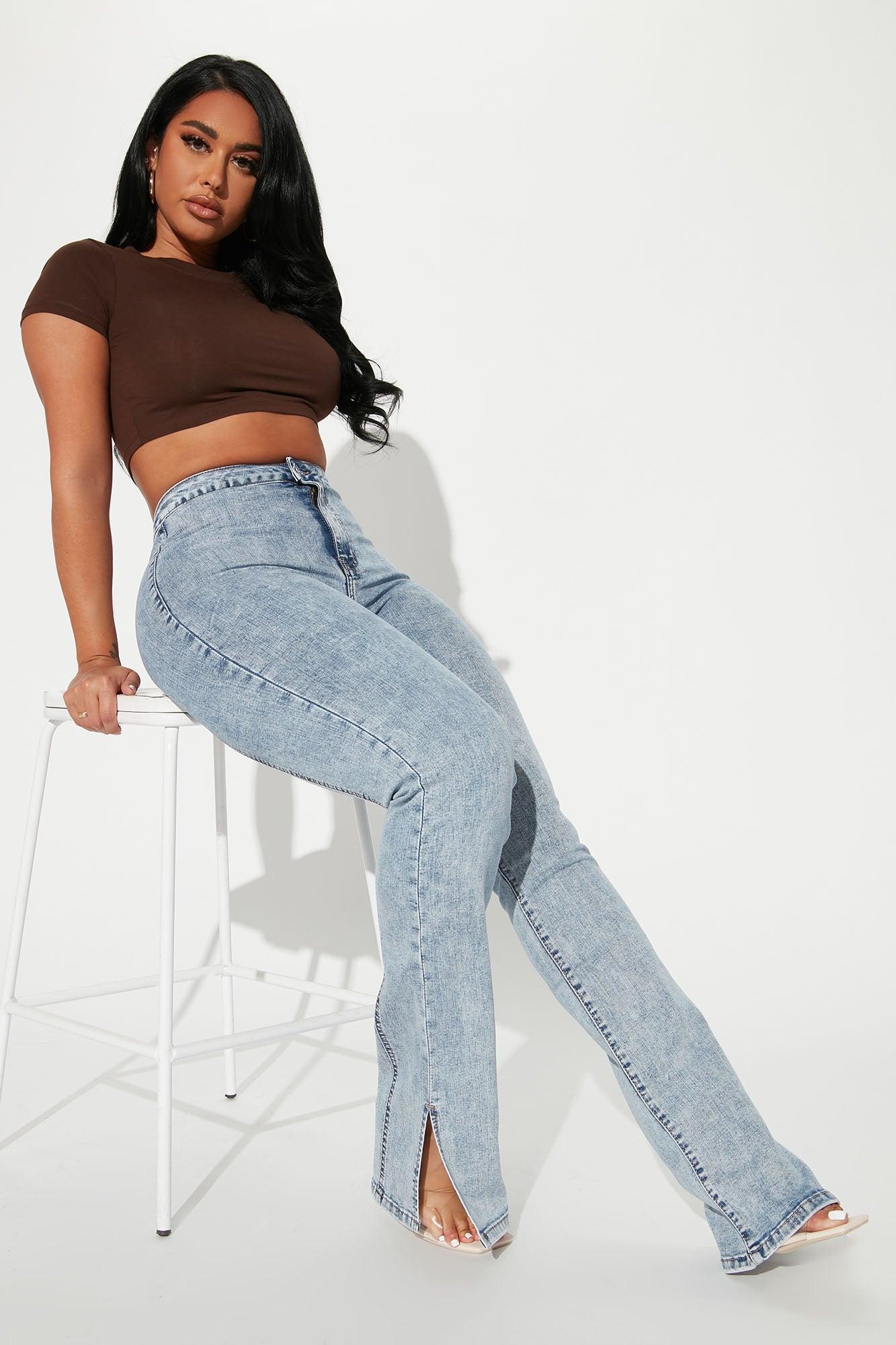 Side Slit Stretch Slim Bootcut Jeans - Acid Wash Denim Product Image