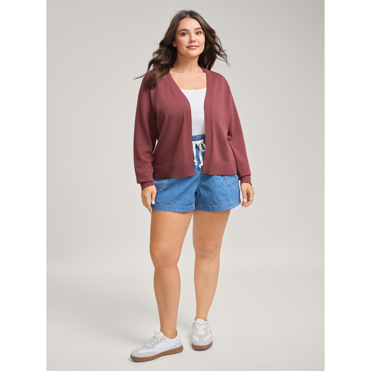 Plus Size Textured Hollow Front-Open Knit Cardigan Rust Women Leisure Loose Long Sleeve Casual Cardigans BloomChic 18-20/2X Product Image
