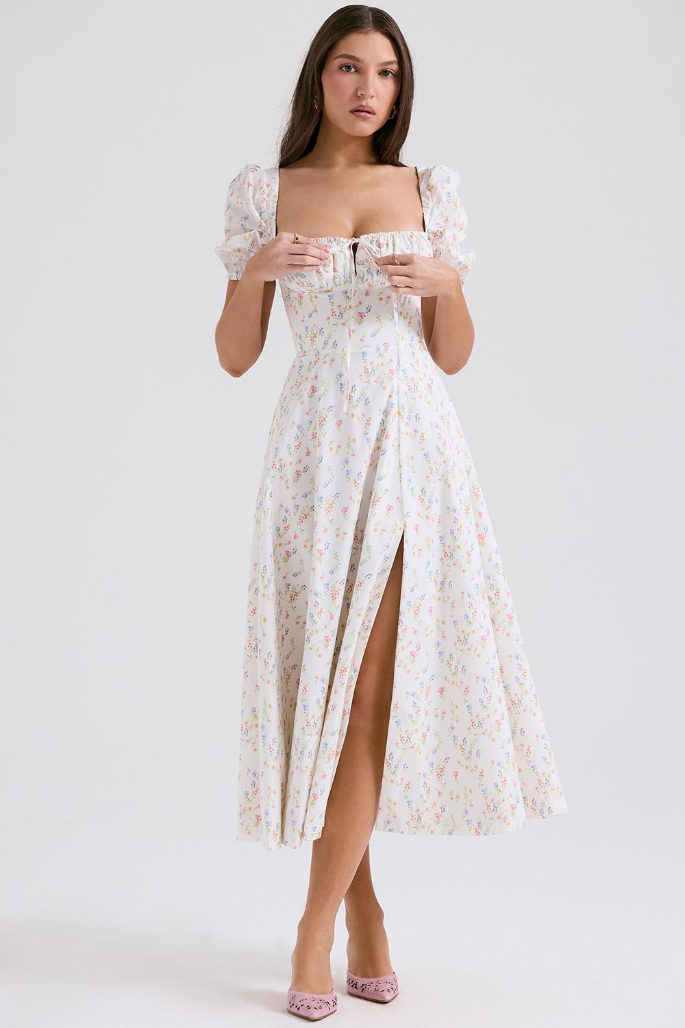 Tallulah  white posy print cotton puff sleeve midi sundress Product Image