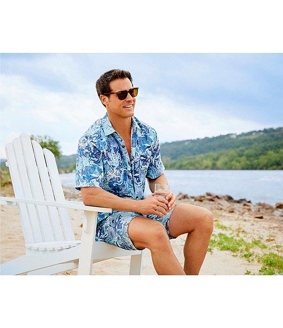 Caribbean Retro Coral Print Short Sleeve Woven Shirt Product Image
