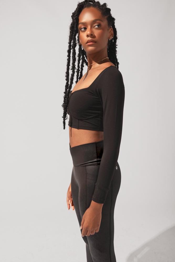 Sweetheart Long Sleeve Crop Top - Black Product Image