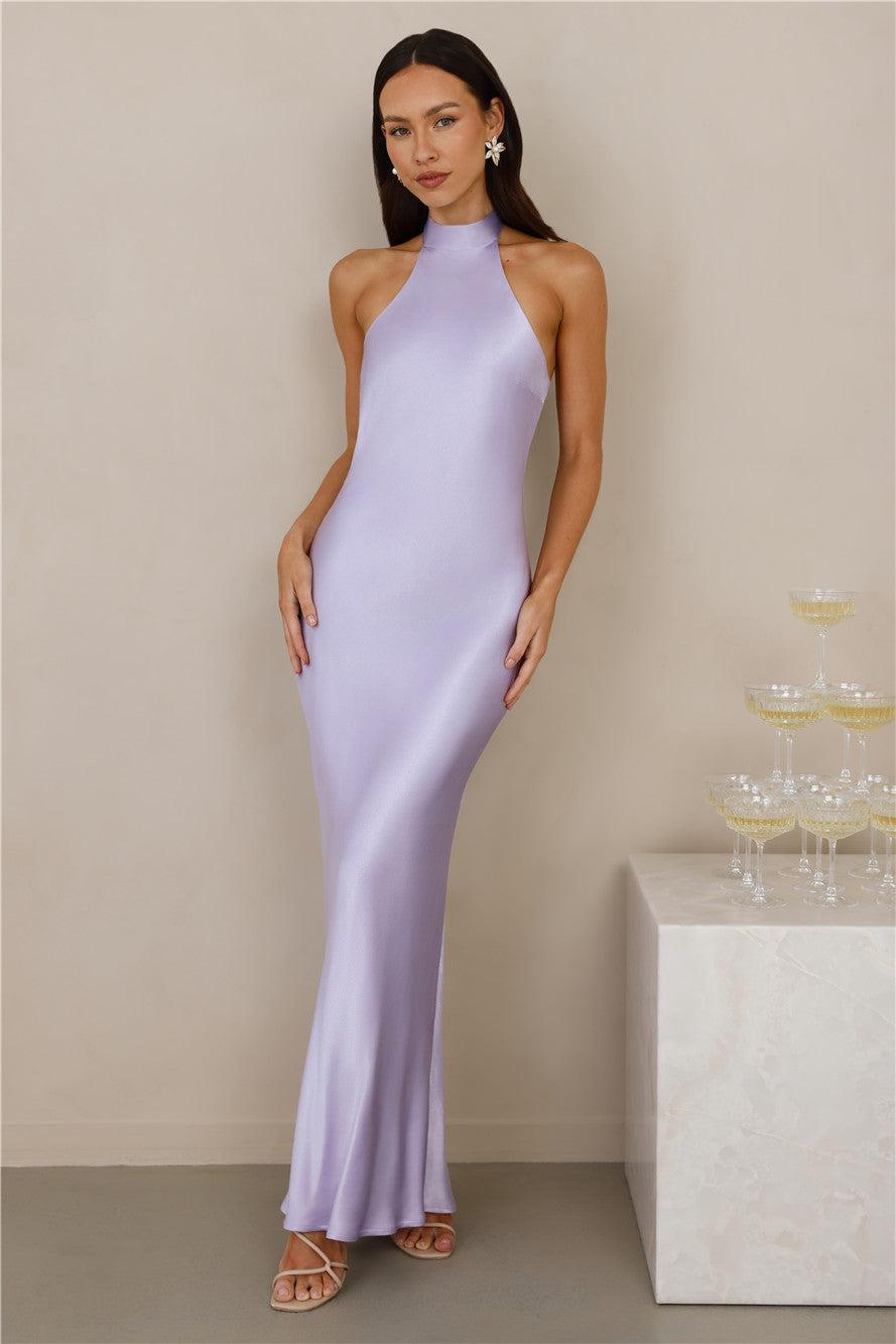 The Cleo Halter Satin Maxi Dress Lilac Product Image