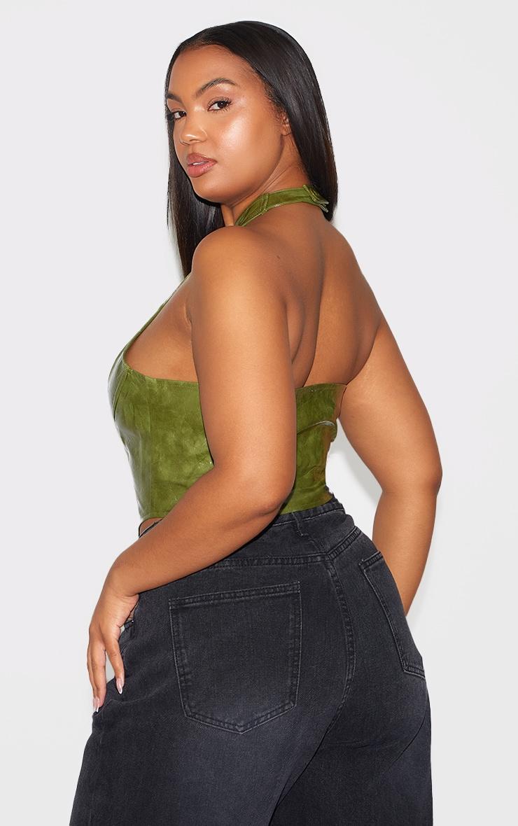 Plus Washed Olive Faux Leather Lace Up Plunge Halterneck Top Product Image