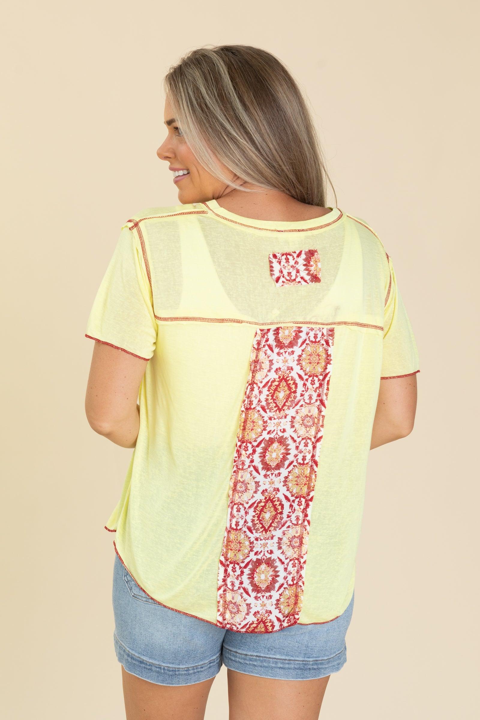 V-Neck Contrast Seam Mixed Print Top Product Image