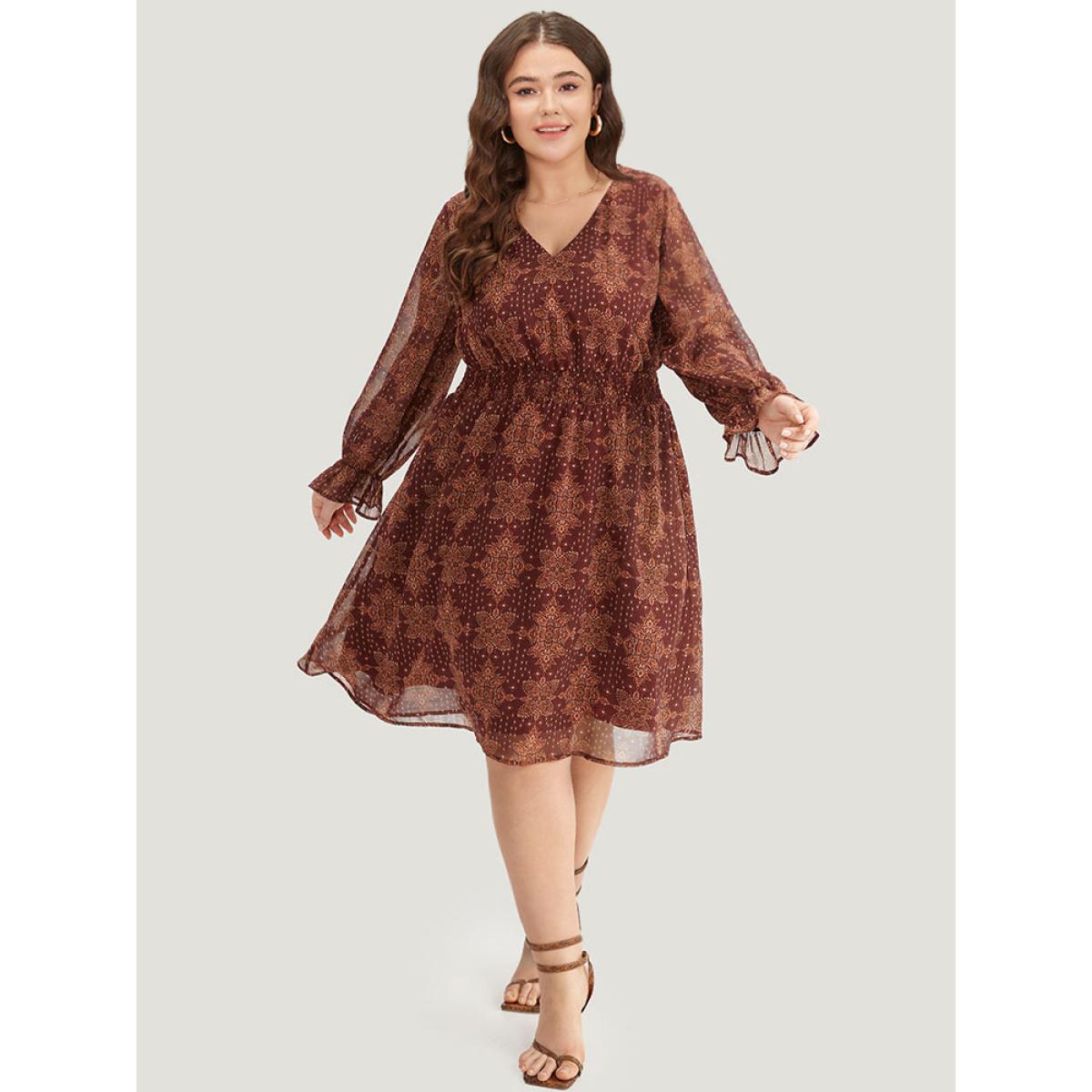 Plus Size Bandana Print Elastic Waist Flutter Trim Dress Scarlet Women Vacation Elastic cuffs V-neck Long Sleeve Curvy Midi Dress BloomChic 14-16/1X Product Image