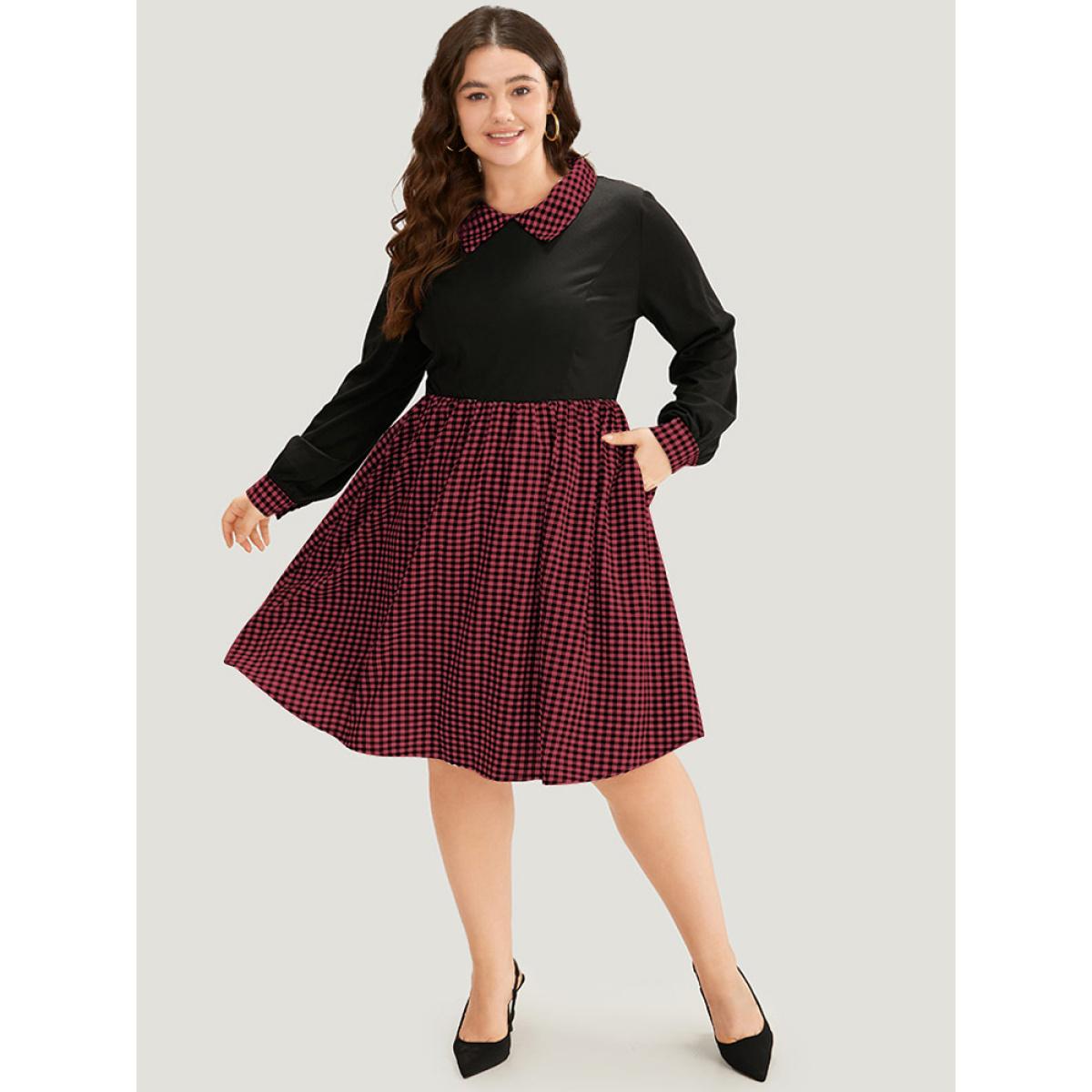 Plus Size Gingham Patchwork Pocket Shirt Collar Dress Red Women Office Patchwork Shirt collar Long Sleeve Curvy Midi Dress BloomChic 12/L Product Image
