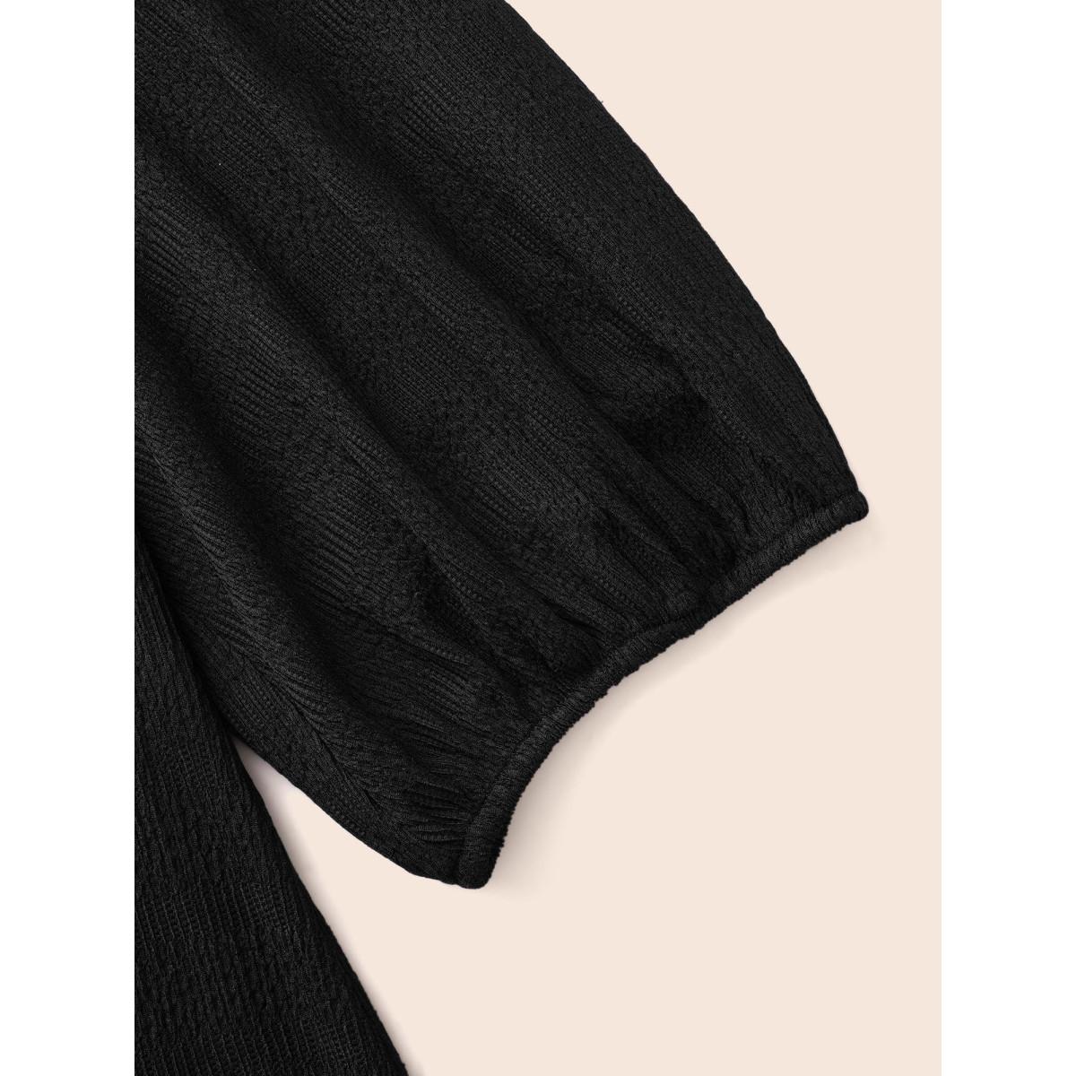 Plus Size Texture Button Up Puff Sleeve Dress Black Women Casual Texture Round Neck Half Sleeve Curvy BloomChic 26/4X Product Image