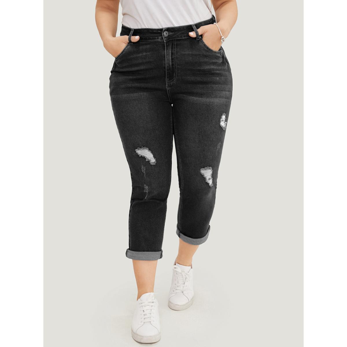Plus Size Very Stretchy Dark Wash Roll Hem Cropped Jeans Women DarkGray Casual Plain Distressed High stretch Patch pocket Jeans BloomChic 18/2X Product Image
