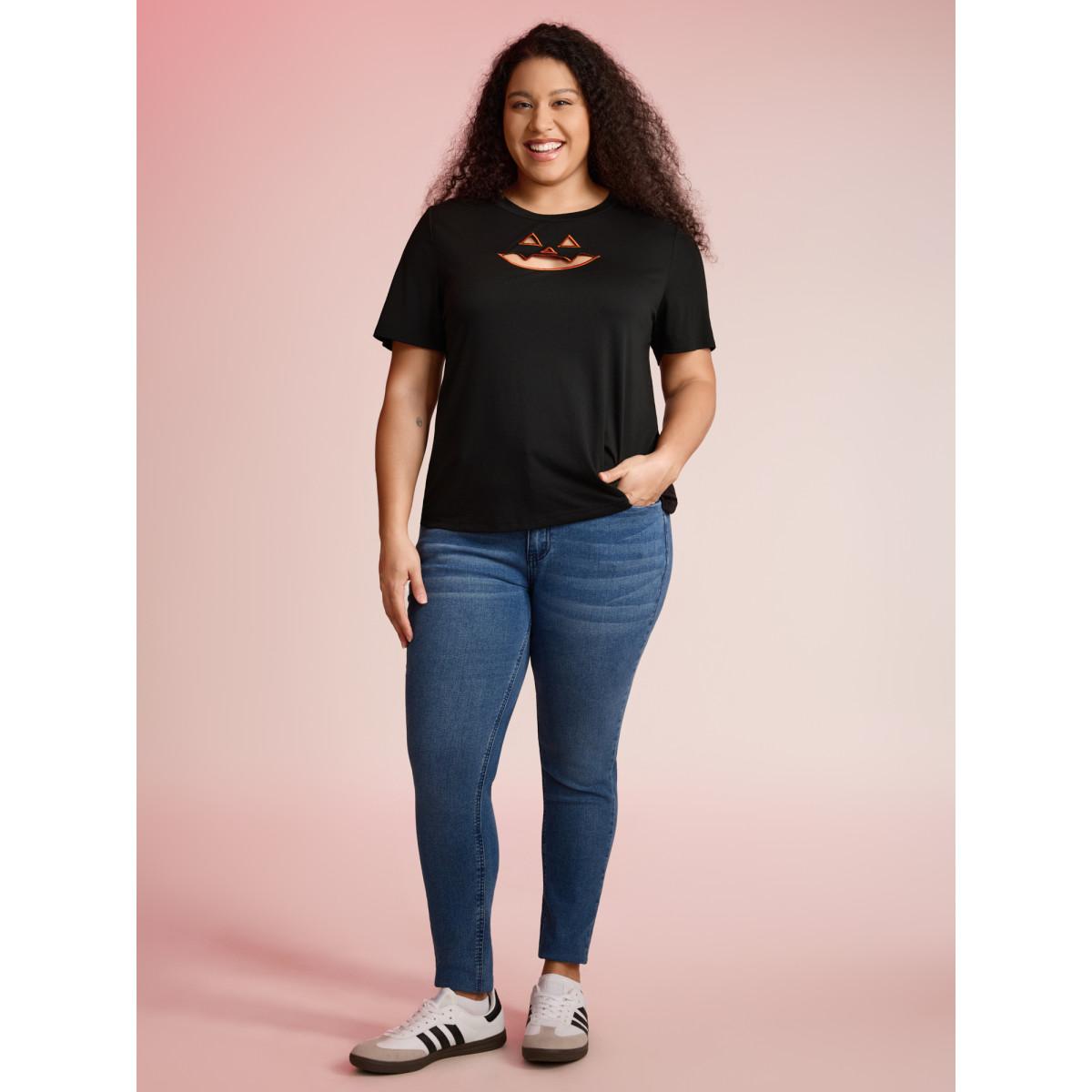 Plus Size Jack-O-Lantern Neck Hollow Embroidered T-shirt Black Women Playful Cut-Out Halloween Round Neck Casual T-shirts BloomChic 22-24/3X Product Image