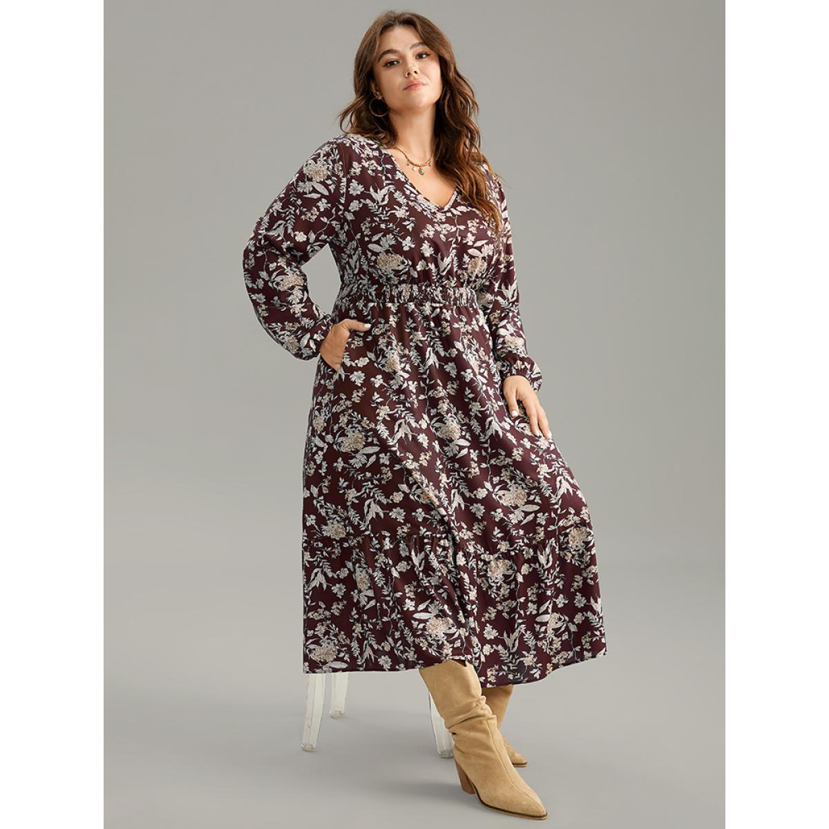 Plus Size Floral Shirred Pocket Lantern Sleeve Dress Burgundy Women Elegant Elastic cuffs V-neck Long Sleeve Curvy Midi Dress BloomChic 26/4X Product Image