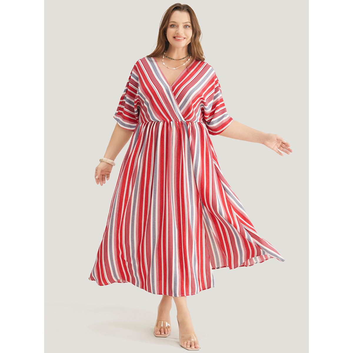 Plus Size Striped Contrast Surplice Neck Dolman Sleeve Pocket Split Hem Dress Scarlet Women Vacation Elastic Waist V-neck Half Sleeve Curvy Midi Dress BloomChic 10/M Product Image