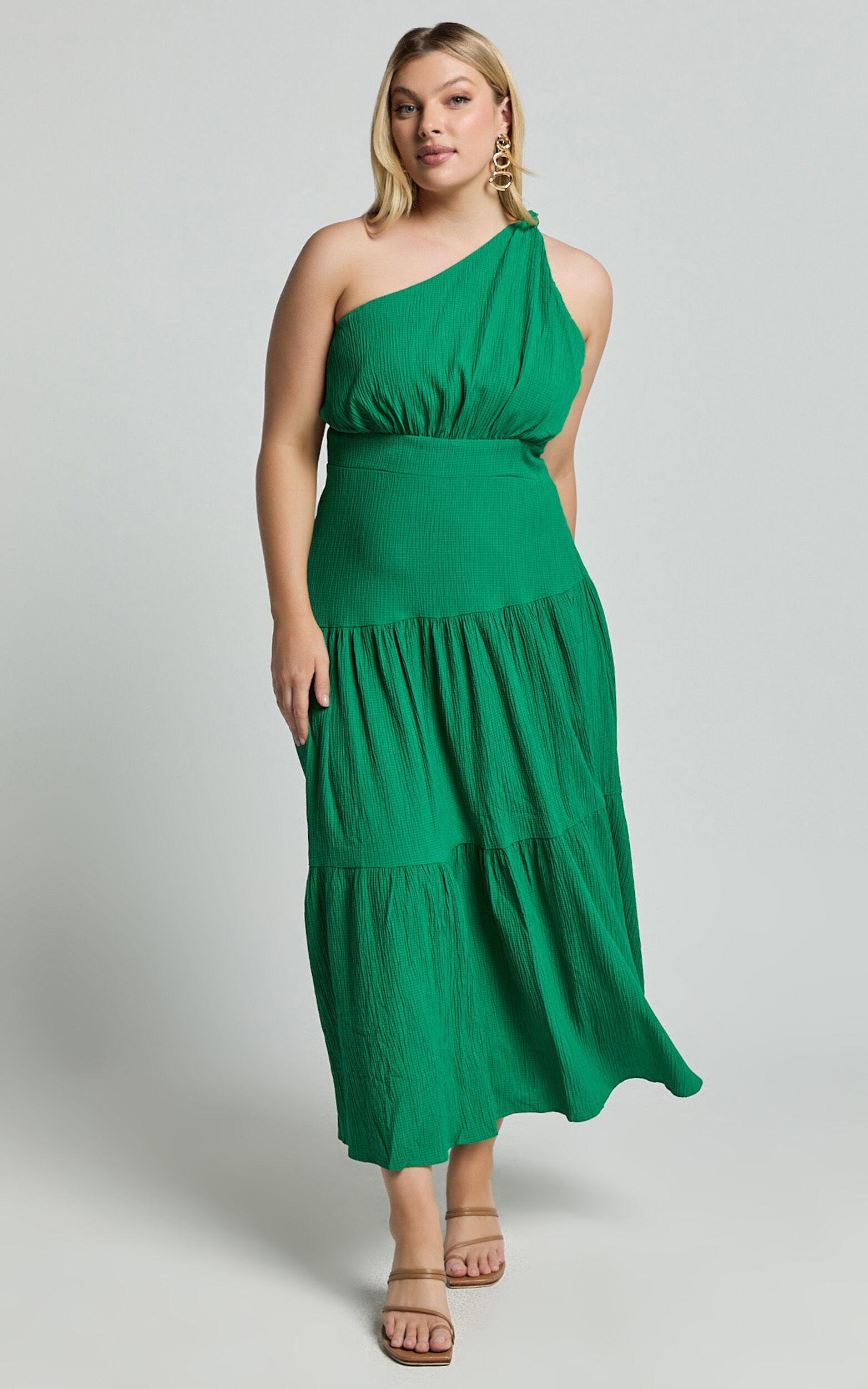 Celestia Midi Dress - Tiered One Shoulder Dress in Green Product Image
