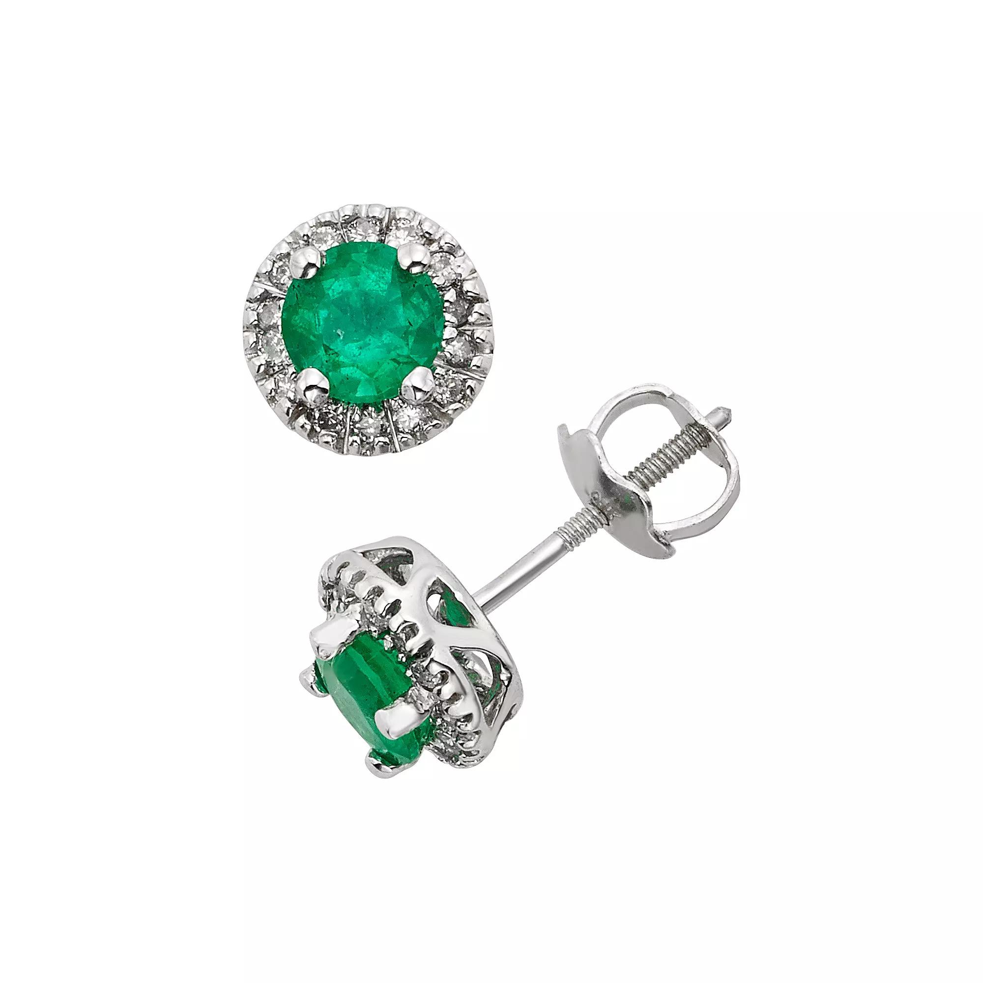 The Regal Collection Emerald and 1/8 Carat T.W. IGL Certified Diamond 14k White Gold Tiered Halo Stud Earrings, Women's, Green Product Image