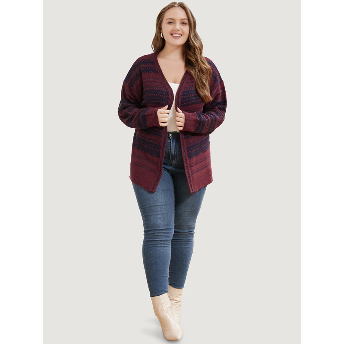 Plus Size Striped Contrast Pointelle Knit Open Front Loose Cardigan Scarlet Women Casual Loose Long Sleeve Office Cardigans BloomChic 14-16/1X Product Image