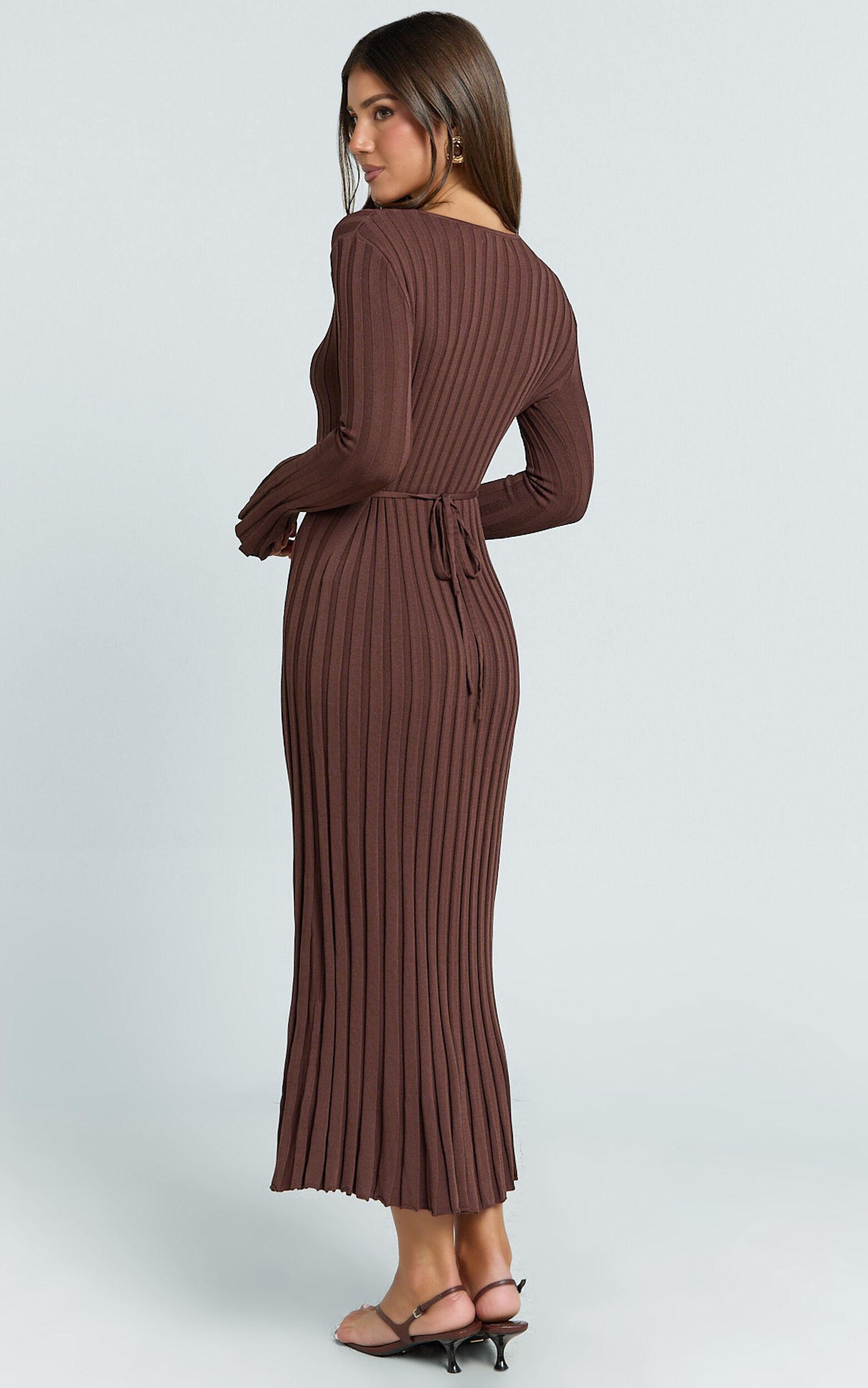 Blaire Midi Dress - Long Sleeve Tie Back Flare Dress in Dark Chocolate Product Image