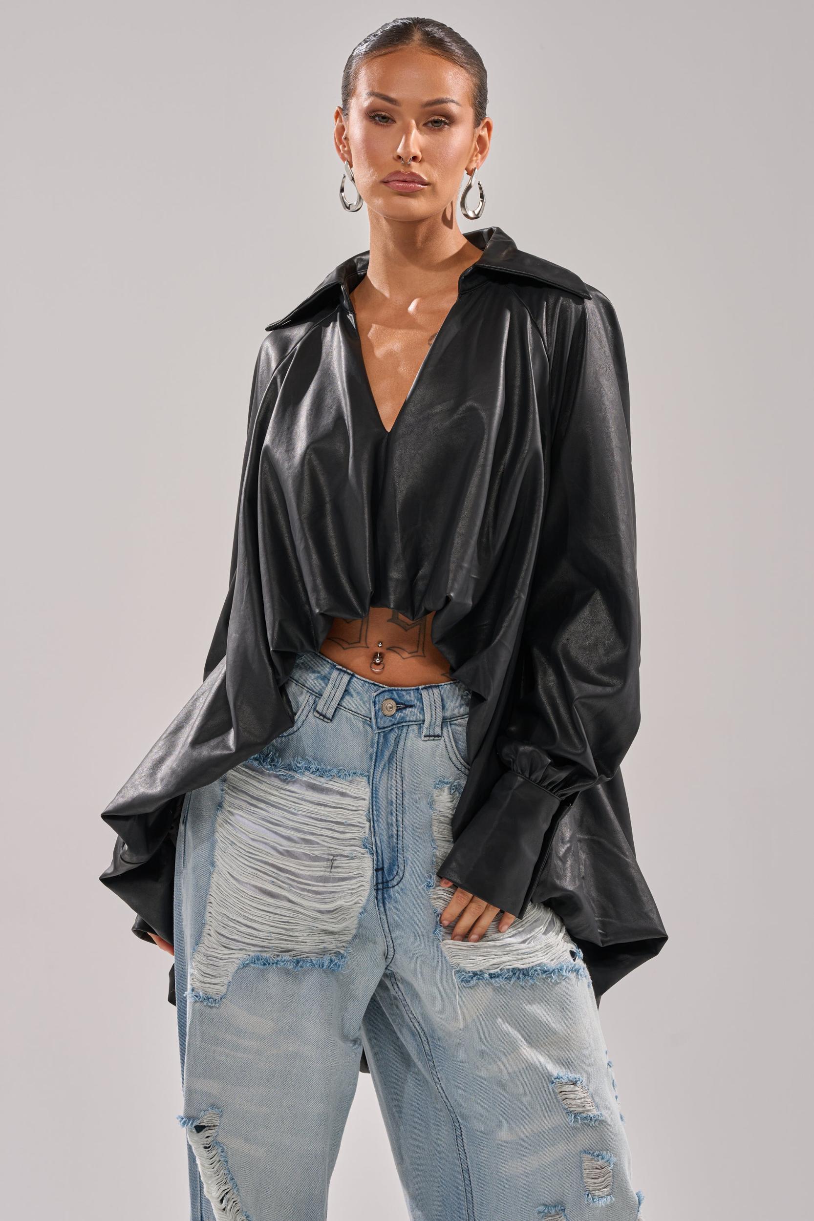 NEW ATTITUDE FAUX LEATHER HI-LOW BLOUSE Product Image
