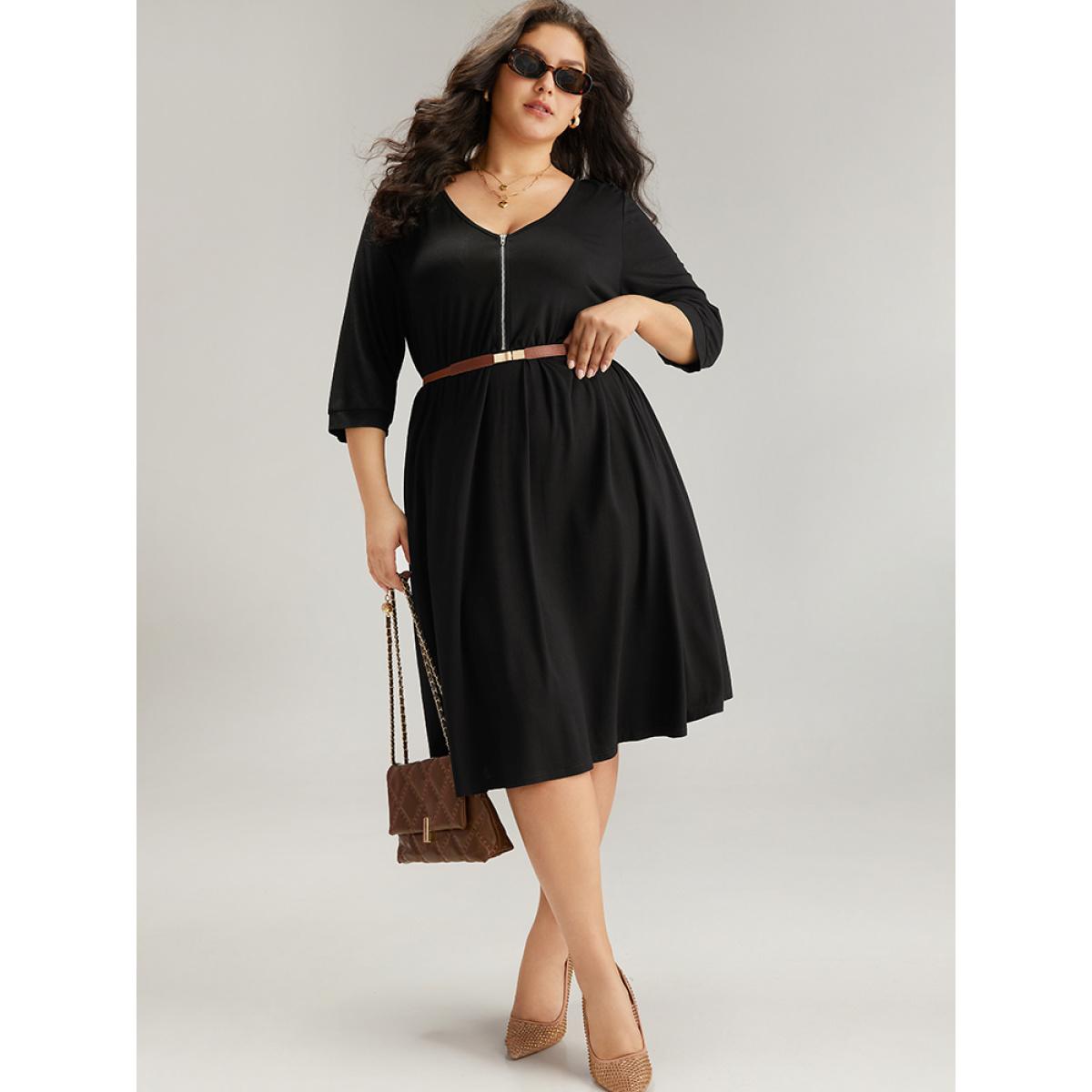 Plus Size Plain Pocket Elastic Waist Zipper Dress Black Women Office Plain V-neck Elbow-length sleeve Curvy Midi Dress BloomChic 14-16/1X Product Image