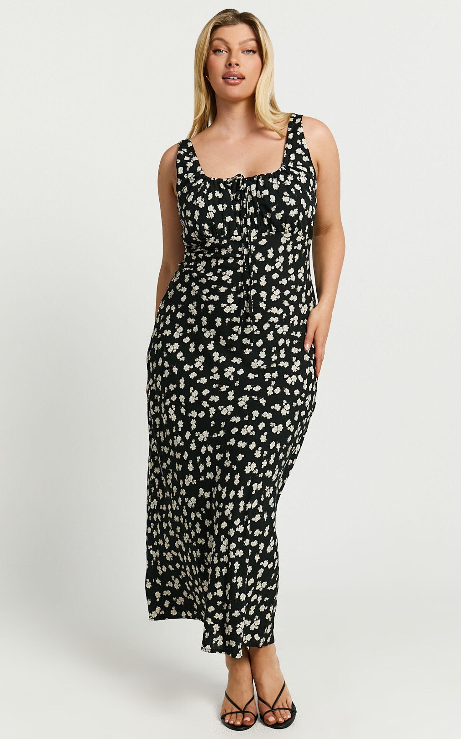 Elanora Midi Dress - Scoop Neck Keyhole Front Empire Waist Bias Cut Slip Dress in Black Wildflower Product Image