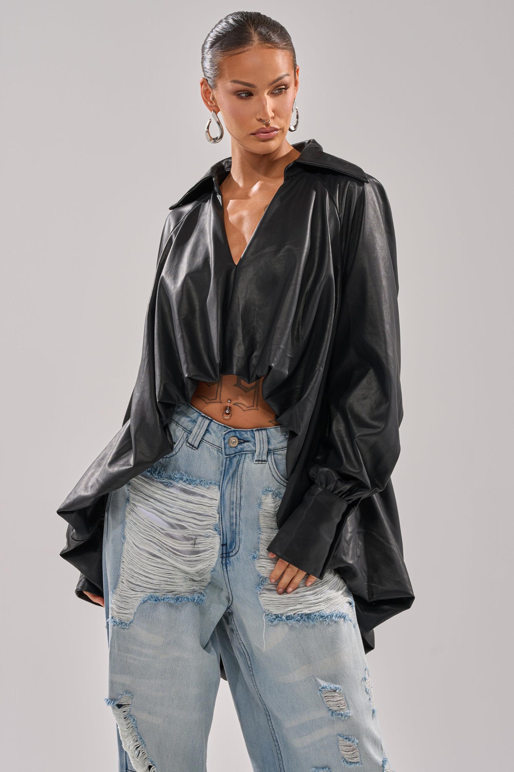 NEW ATTITUDE FAUX LEATHER HI-LOW BLOUSE Product Image