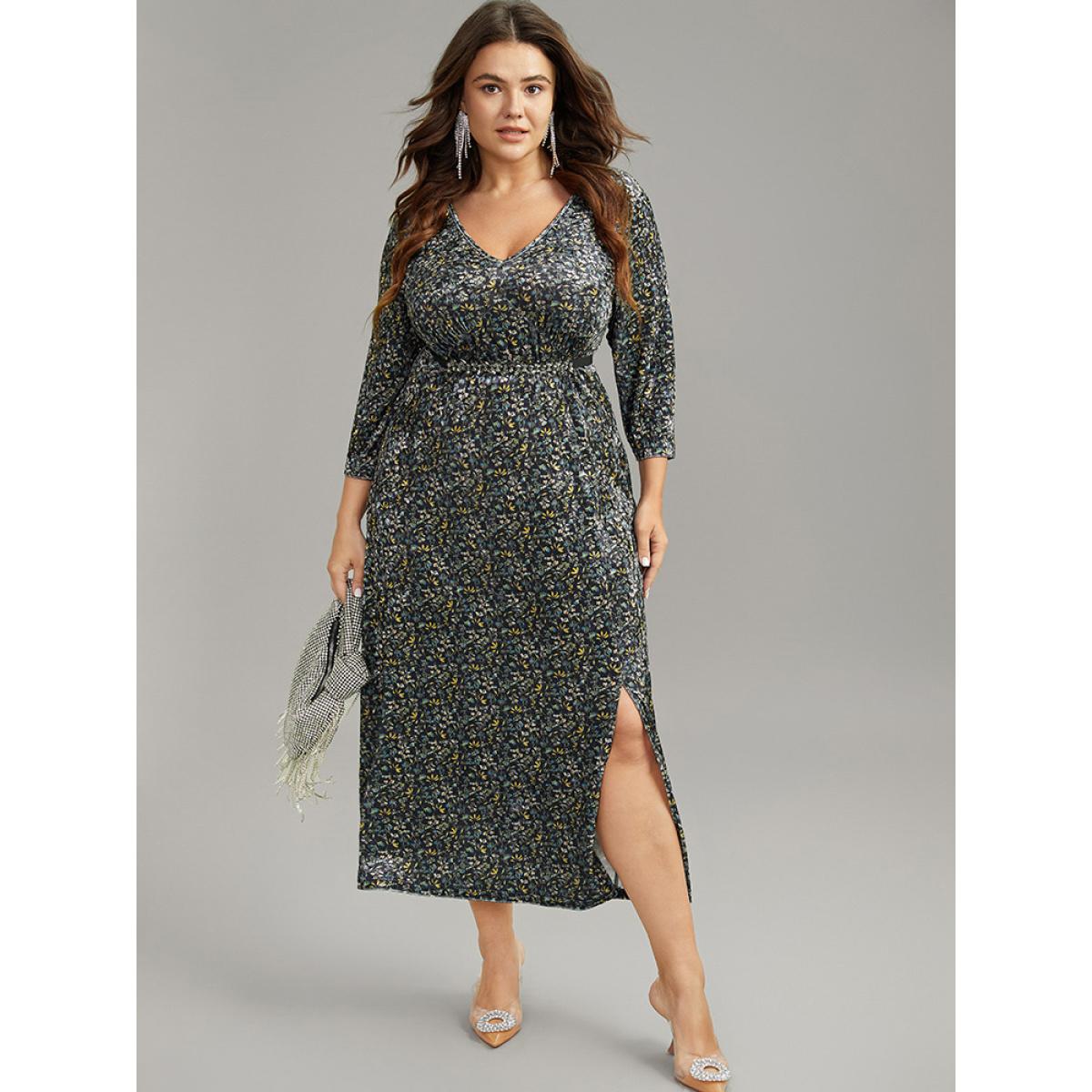 Plus Size Velvet V Neck Ditsy Floral Split Hem Dress Black Women Glamour Printed V-neck Elbow-length sleeve Curvy Midi Dress BloomChic 28/5X Product Image