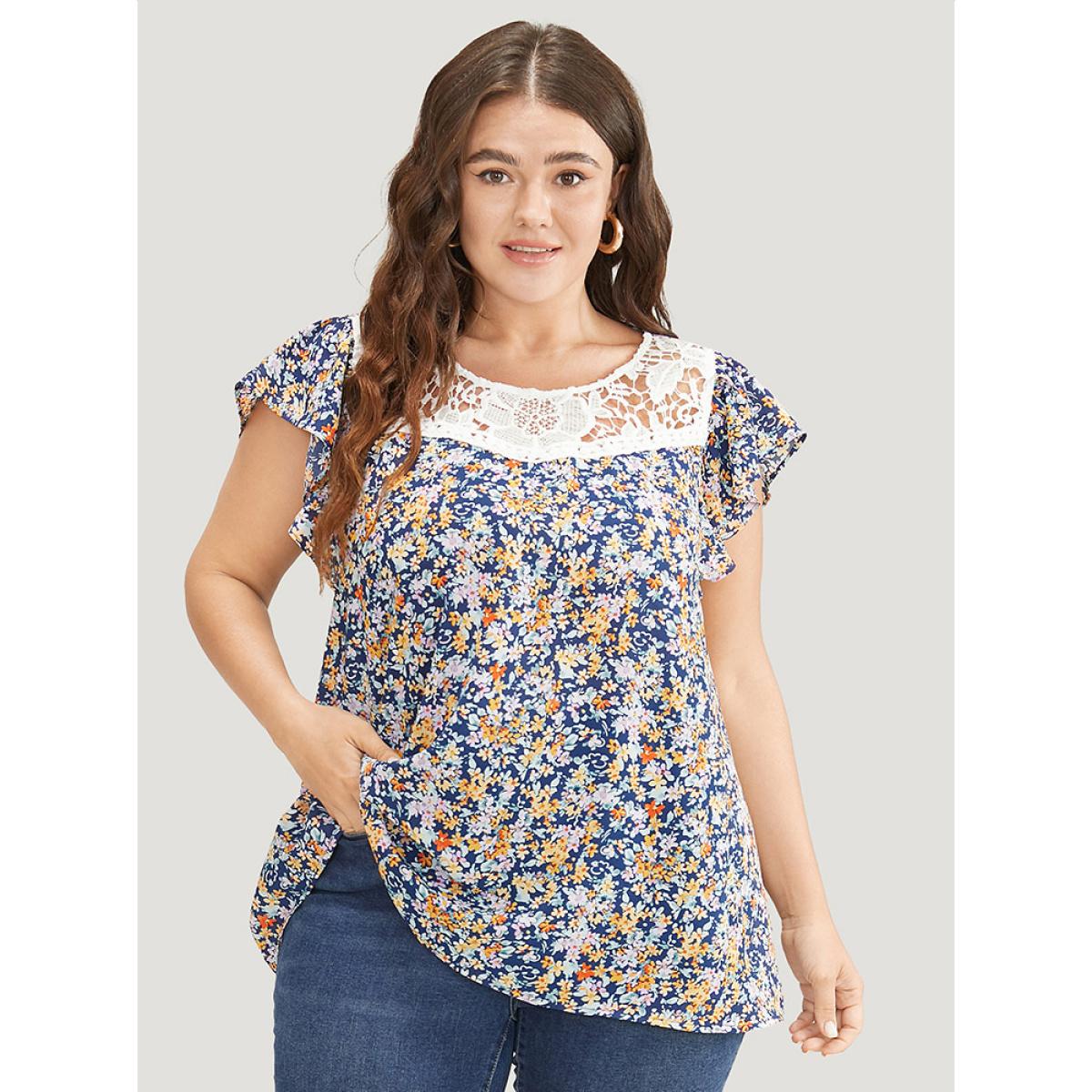 Plus Size Indigo Ditsy Floral Ruffle Sleeve Contrast Lace Blouse Women Elegant Short sleeve Round Neck Dailywear Blouses BloomChic 18-20/2X Product Image